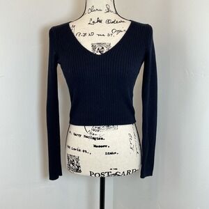 Brandy Melville V Neck Ribbed Long Sleeve Top Womens One Size‎ Navy Blue